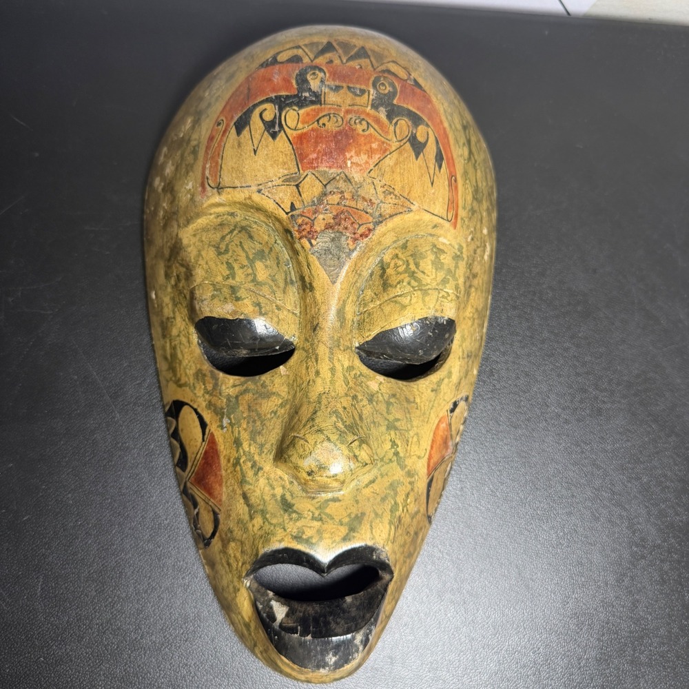 Folk Art Mask Green Vintage Hand Painted Wood Tribal Decor hand carved wall